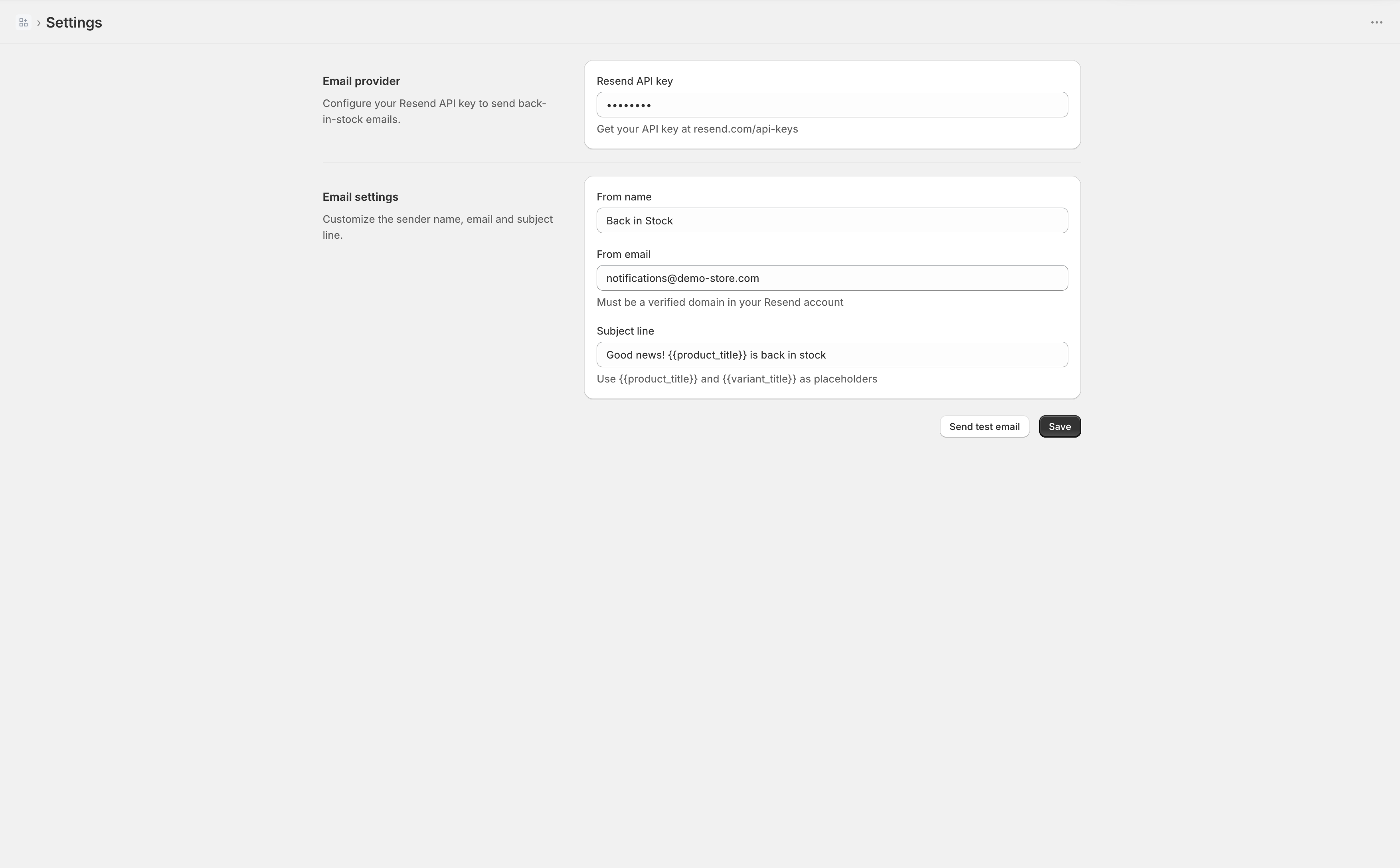 Settings page to configure Resend API key, from name, from email and subject line